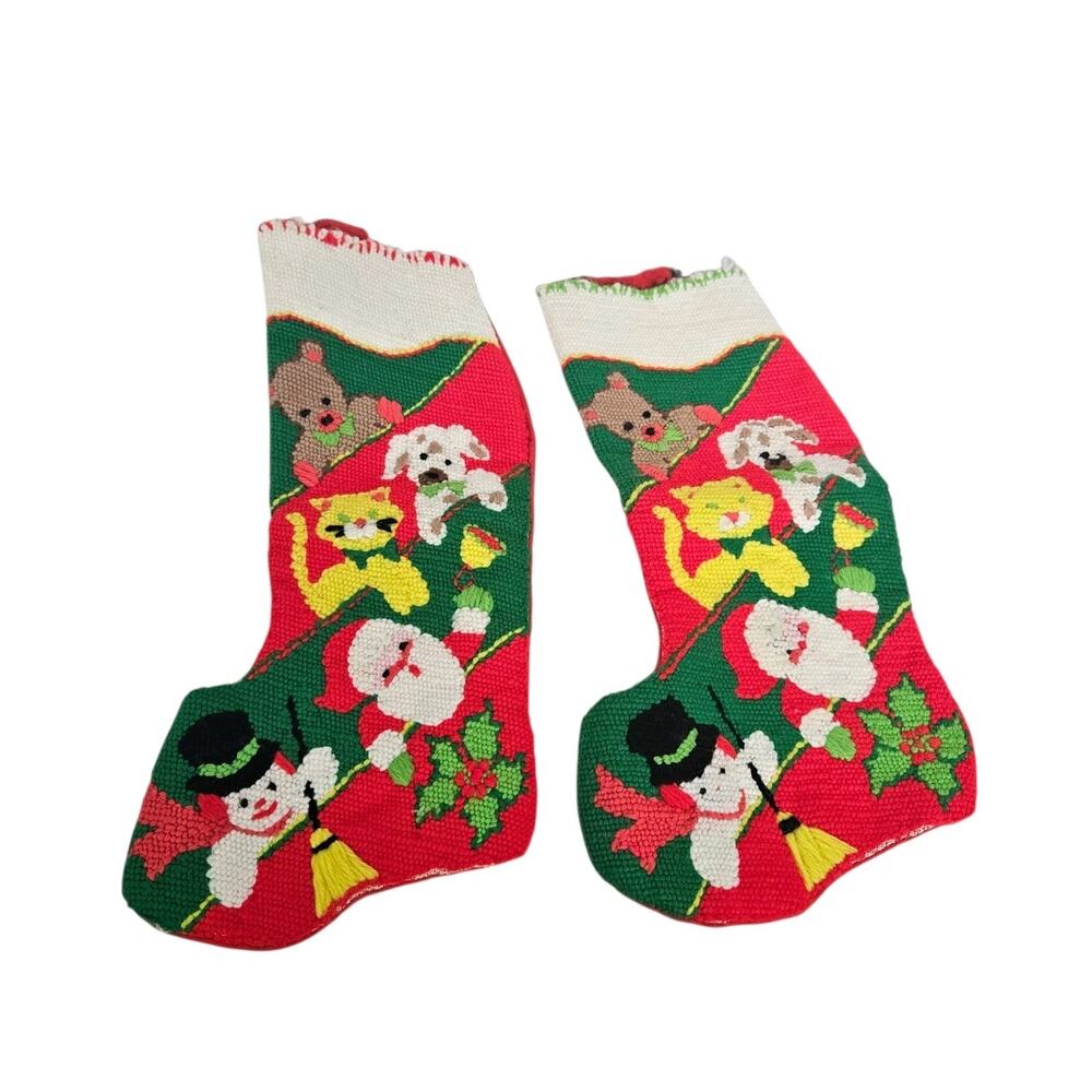 Lot Of 2 Vintage Handmade Needlepoint Cat Dog Snowman Santa Christmas Stockings